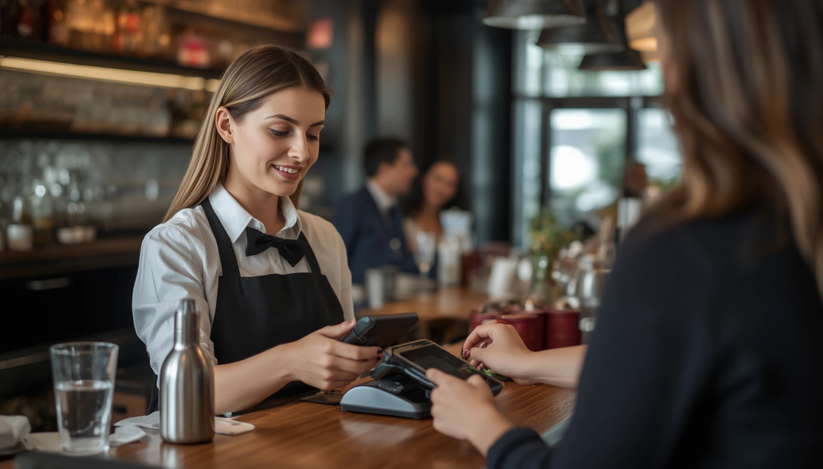 Modern POS terminal being used at a retail checkout counter